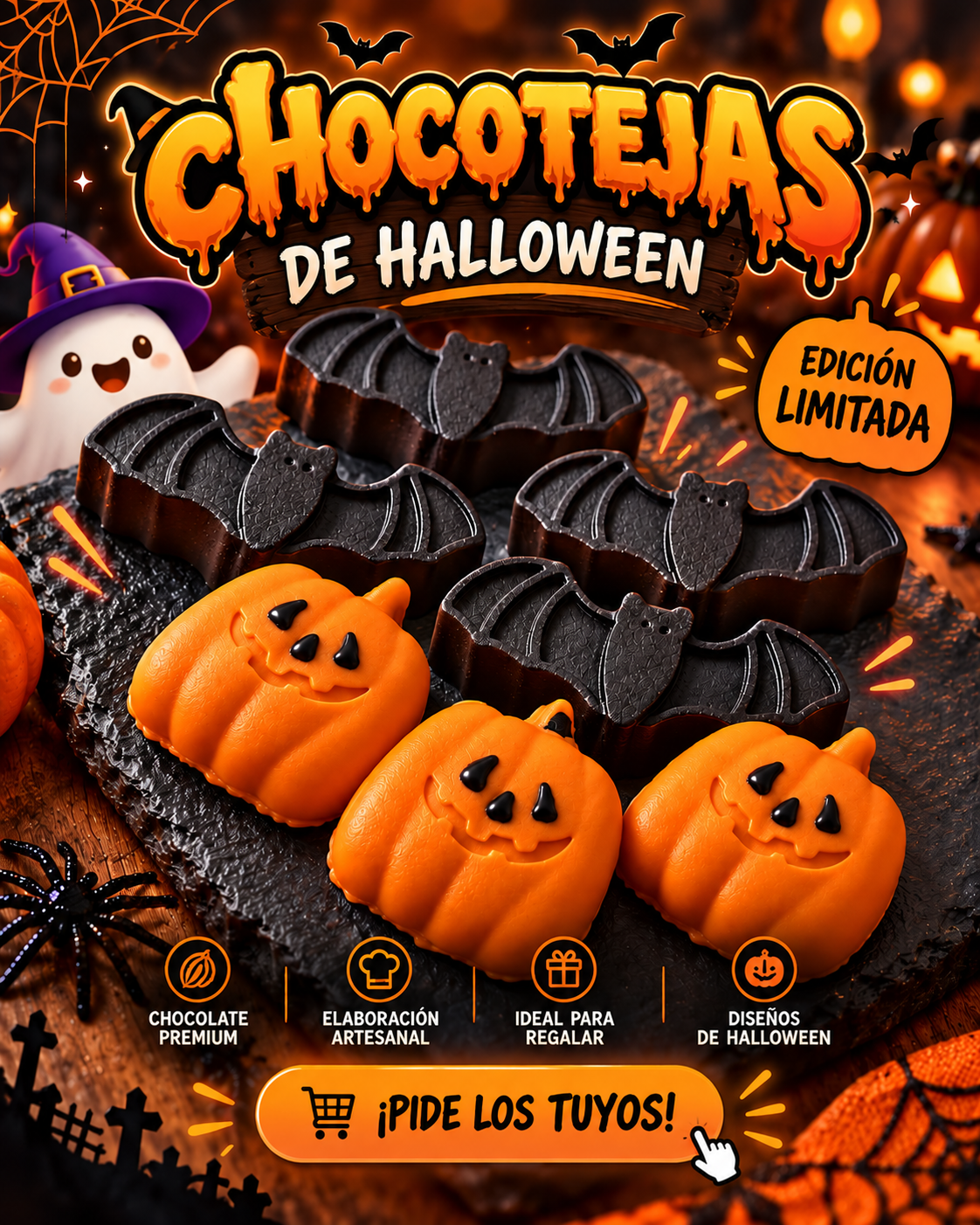 Chocotejas de Halloween — edición limitada. ¡Pide los tuyos por WhatsApp!